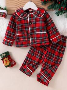 2 件装女婴舒适长袖格子领家居服睡衣套装，秋冬