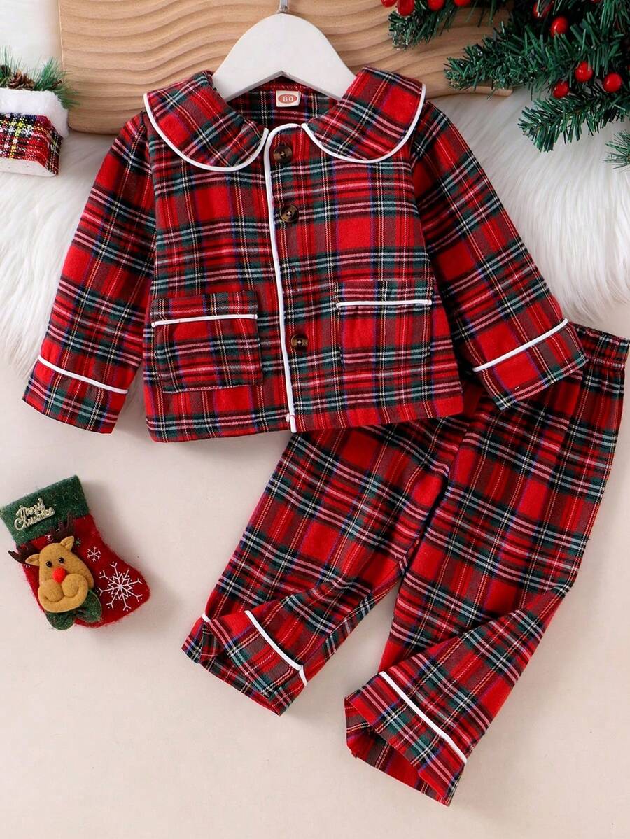 2 件装女婴舒适长袖格子领家居服睡衣套装，秋冬