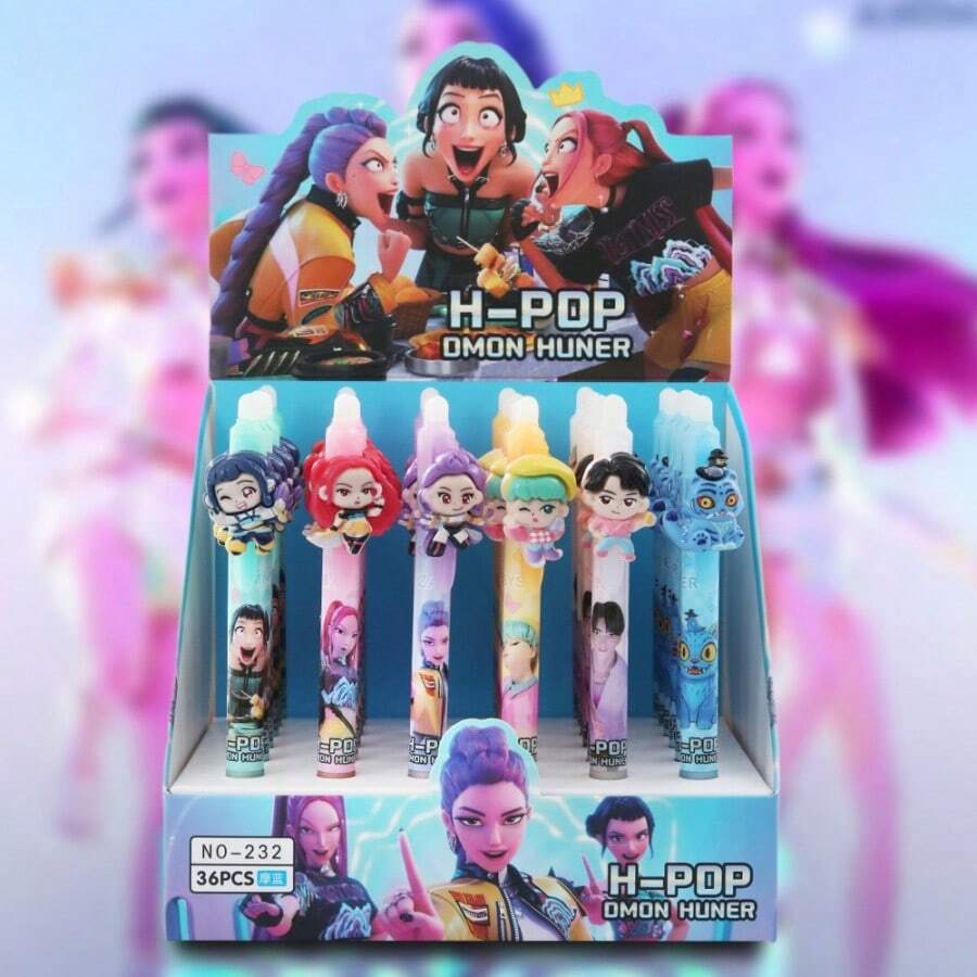 Mattel Bolígrafo borrable con diseño de equipo de caza de brujas de dibujos animados, bolígrafo de tinta azul de resina creativa y fácil de borrar, artículos de papelería de grupo de chicas KPOP para estudiar - Multicolor - Ver 1