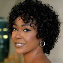 200% 密度卷曲波浪 Remy 真人发假发，波波头刘海，黑色，无痕免胶，适合日常佩戴、派对、节日，6 英寸，瞬间打造蓬松造型 - Natural Black - 查看 5