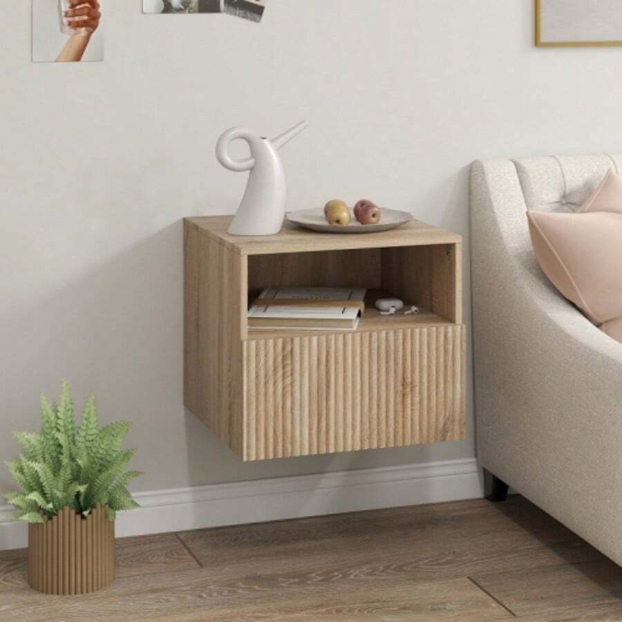 Handleless Bedside Table With Open Compartment, Drawer, And Wall Mounting Hardware, Light Brown - Natural Wood Color - View 1