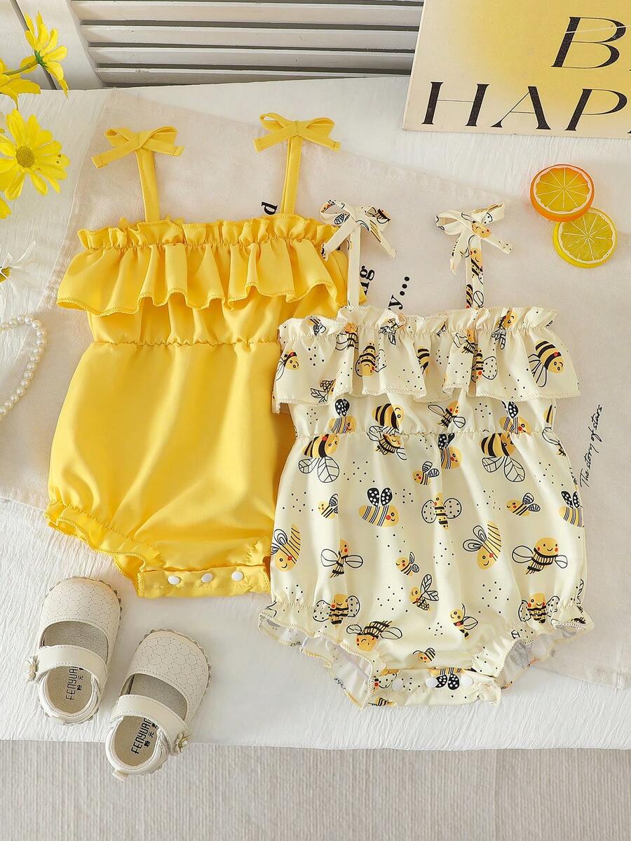 Baby Girls' Summer Fashion Solid Color & Fruit Print 2 Pieces Romper Set - Ginger - View 1
