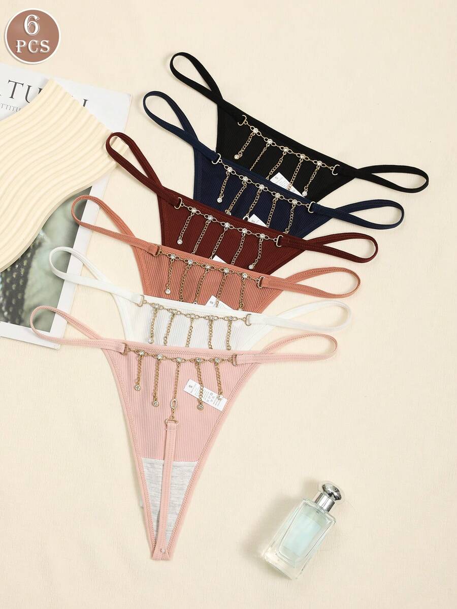 6pcs Rhinestone Chain Tassel Metal Decor Women Thong Panties - Multicolor - View 1