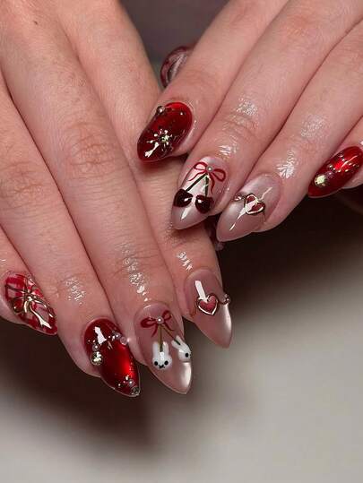 10片可爱猫眼形中号杏仁形亚克力美甲贴纸，DIY情人节爱心3D仿真美甲贴纸，带樱桃/兔子/蝴蝶结/钻石装饰，适合美甲沙龙、女孩和女士日常佩戴、节日和送礼美甲