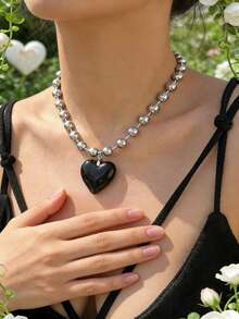 1pc Exaggerated Cute Beaded Heart Pendant Necklace, Fashion Party Accessories Valentines,Mom,Mother,Mother's Day,Gift - Hot Pink - View 14