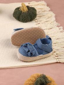 1 Pair Cute Lace Trim Flat Shoes, Princess Shoes, Soft Bottom Pre-Walker Shoes, Suitable For 3-6-9-12 Months Infants & Toddlers, Party & Banquet - Blue - View 6