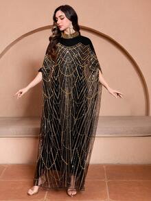 JINLICX Luxurious Heavily Beaded, Sequined Elegant Party Cover-Up Dress, Suitable For Dates, Weddings, Holidays, Vacations - Gold - View 3