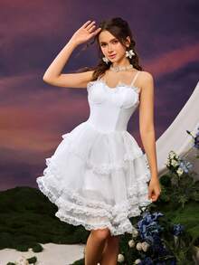 Faeriesty Gaun Pesta Elegan Berwarna Polos dengan Hiasan Renda dan Tali Bahu Tipis - Putih - View 9