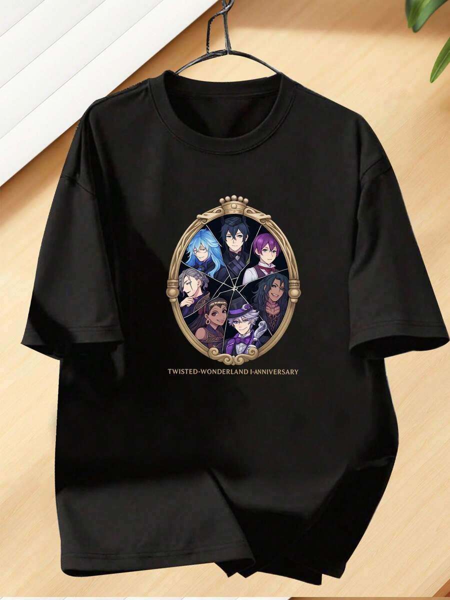Women's Twisted Wonderland Character T-Shirt - Anime Print Round Neck Short Sleeve Summer Casual Top, Twisted Wonderland Themed Outfit Gift For Fans - 黑色13 - 查看 1