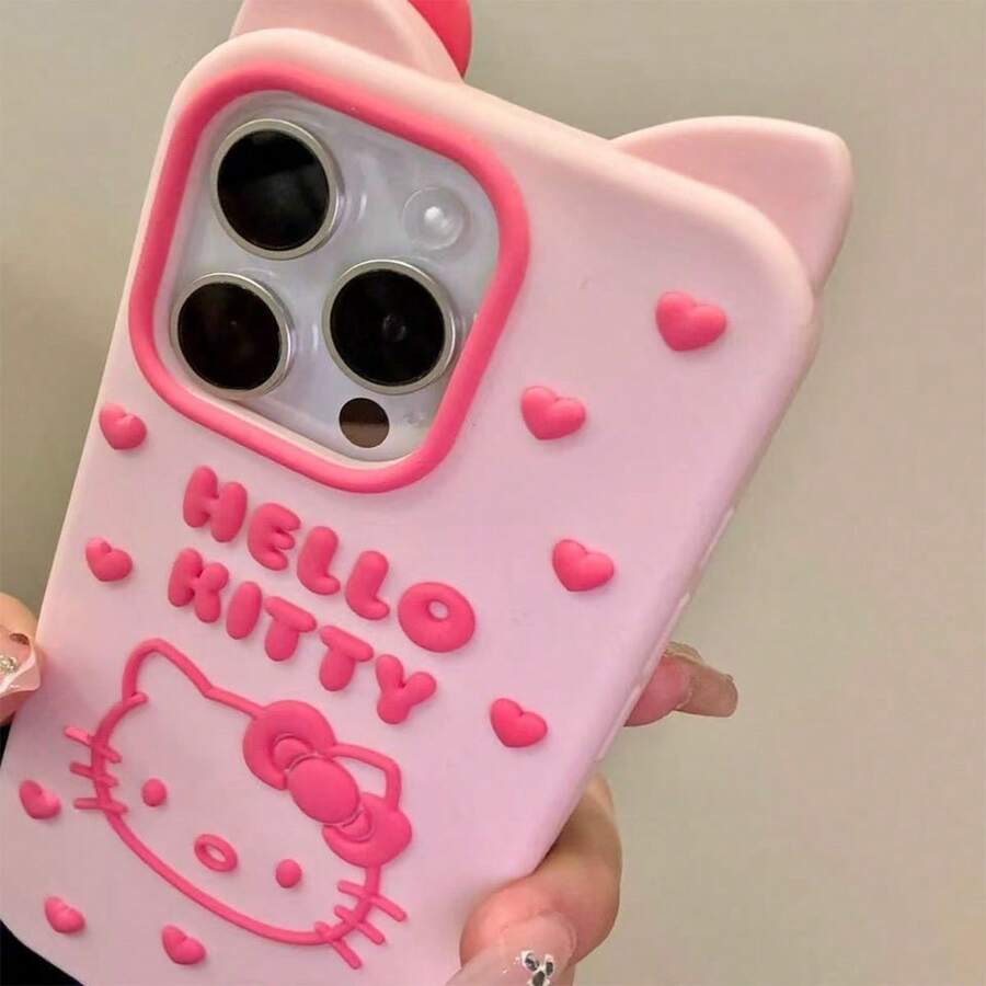 1pc Fashionable Creative Bow Heart Kitty Cat Pink Sanrio Phone Case, Silicone Waterproof Shockproof Material, Cute & Stylish, Compatible With Apple 17 Series, 11/12/12 Pro, 13/14/15, 13 Pro/14 Pro/15 Pro, 12 Pro Max/13 Pro Max/14 Pro Max/15 Pro Max, 16, 16 Pro, 16 Pro Max, 17, 17 Pro, 17 Pro Max - Pink - View 1