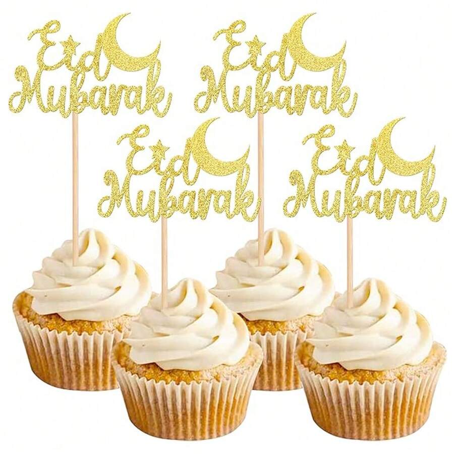 12pcs Eid Mubarak Cupcake Toppers Gold Glitter Moon Star Ramadan Kareem Cupcake Picks Decorations For Eid Islamic Muslim Theme Party Supplies - Gold - View 1