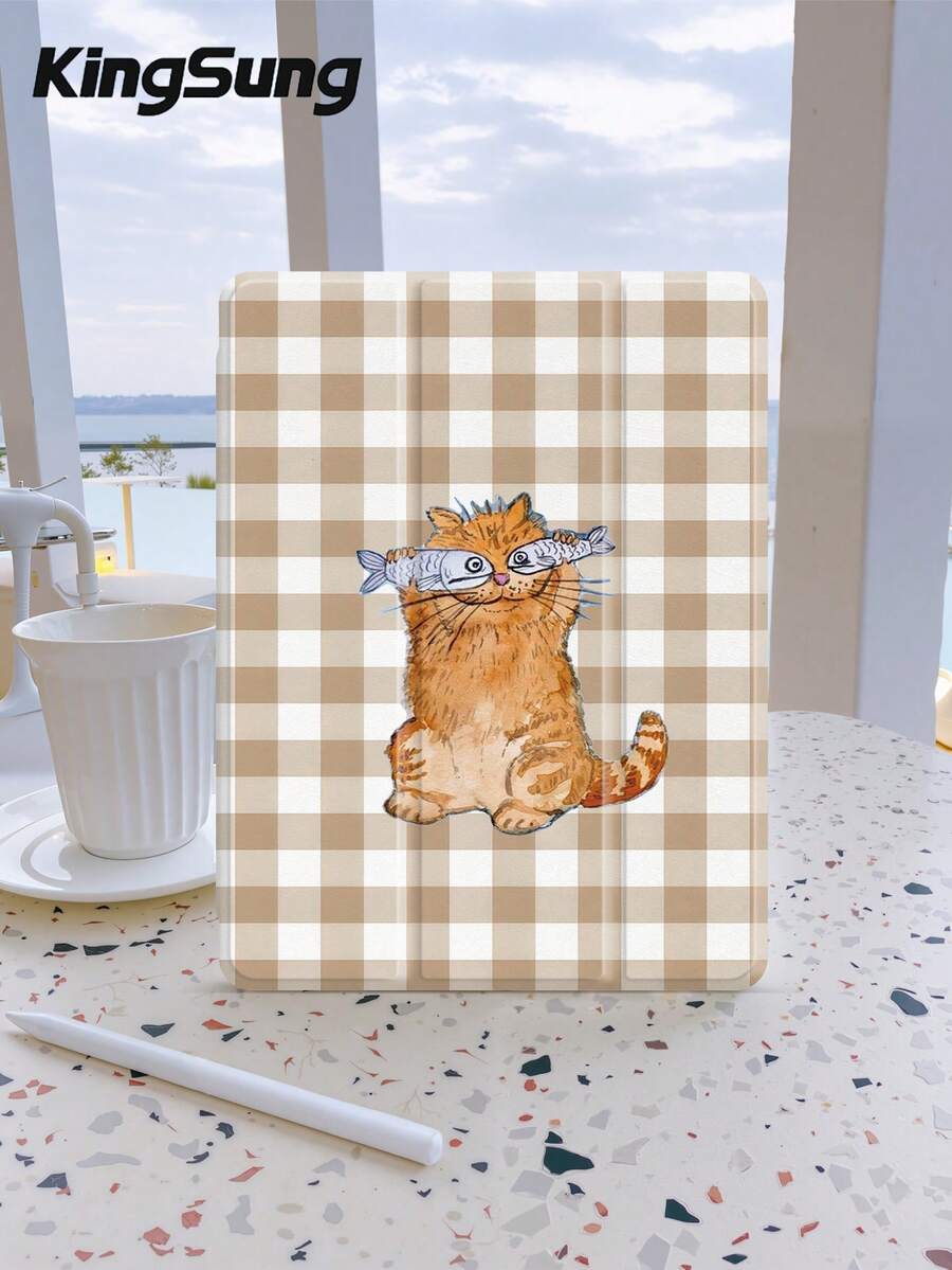 Kingsung Plaid Cat Pattern Tablet Protective Case, Compatible With Ipad 9.7/10.2/10.5/10.9/12.9/Pro 11 (10th Gen), Galaxy Tab S6 Lite 10.4 Inch, 2022 Kindle Paperwhite 12th Gen (Including 2024 Model/11th Gen), Soft Shock-Proof, With Smart Sleep/Wake Function - Multicolor - View 1