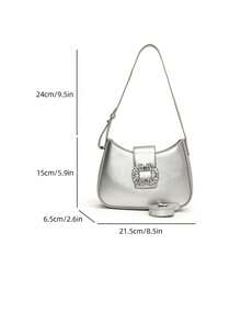 Mini bolso de hombro con decoración de strass, bolso de axila multifuncional y de moda, bolso de silla de montar con strass brillante, bolso de textura PU, cartera de moda multifuncional, bolso largo - Plateado - Ver 2