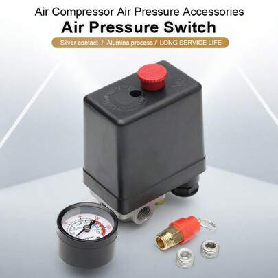 Valve Pressure Gauge 1/4'' BSP 4 Port 12 Single-Phase Air Compressor Pressure 0-175 PSI Switch Control Valve Connector