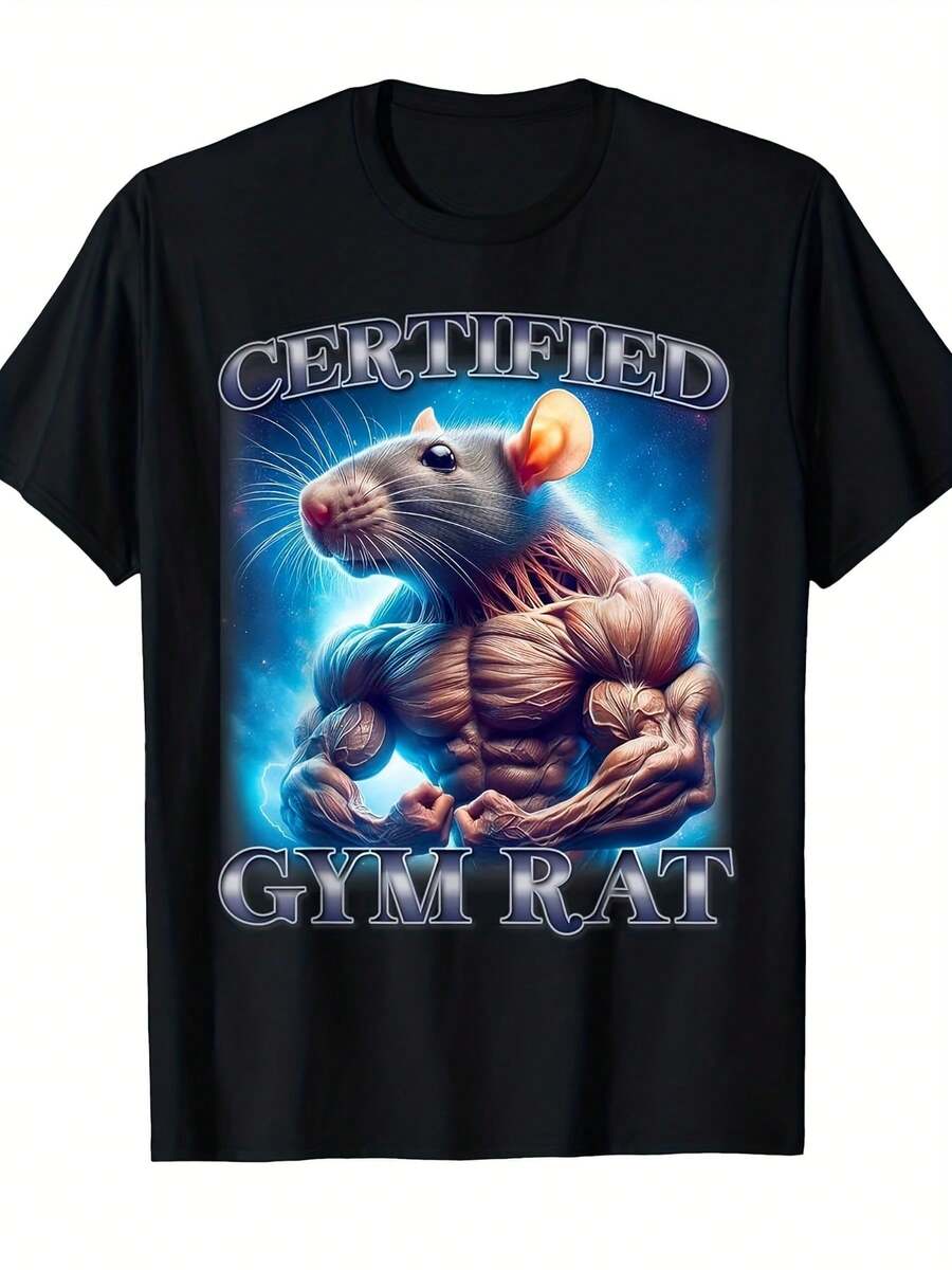 Men' Gym Rat Funny Inappropriate Adult Humor Meme T-Shirt - Muscular Rat Bodybuilding Graphic, Retro Casual Short Sleeve Tee, Comfortable Round Neck Shirt For Gym & Casual Attire, Funny Gym Apparel Gift For Men - 黑色 - 查看 1