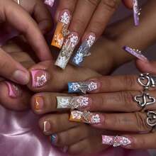 New 48-Piece Sweet Cool Leopard Print French 3D Flower Gradient Set Square Fake Nails Factory Finished Hot - XXS163 - Xem 3