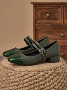 女士3厘米布包跟时尚金属拼接玛丽珍粗跟鞋，款式新颖百搭 - 軍綠色 - 查看 5