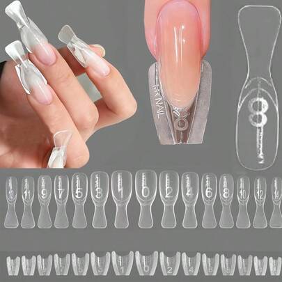 30/240 piezas Herramienta de extensión de uñas transparente Sandwich Máscara francesa corta elíptica 15 modelos diferentes Máscara de extensión reutilizable rápida y conveniente de doble capa, nuevas películas de uñas rectangulares cortas y ovaladas cortas Sandwich, adecuadas para su uso por salones de uñas y entusiastas de las uñas en la fabricación de pegatinas de uñas postizas y extensiones de uñas cuadradas para manicuras. Se pueden usar en el Día de la Mujer, San Valentín, Ramadán, Pascua.