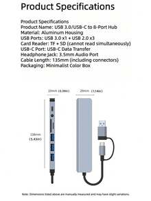 8-In-1 Type-C Hub, Multifunctional Card Reader, Laptop Computer Expansion Dock, USB Splitter - Silver - View 10