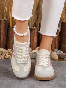 LUCKY STEP Women's Flat Fashion Sneakers, Retro Classic Lace-Up, Stylish Leather & Mesh, Tennis/Running/Walking Shoes - Pink - View 2