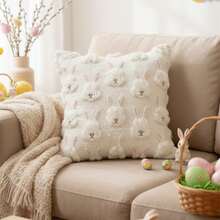 Fundas de cojín de Pascua con bordado de huevo de conejo de peluche para decoración de fiestas. - Multicolor - Ver 4