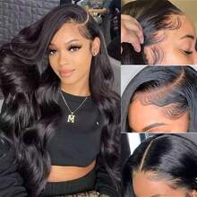 13x6/13x4 高清蕾丝前假发，真人发混纺，自然波浪卷，34英寸 - 200%高密度预拔毛无胶假发，透明蕾丝，女士款，自然色，无需胶水，即戴即用 - 自然色&黑色系 - 查看 8