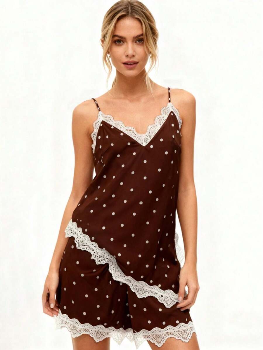 Women Summer Outfit Dot Print Lace Trim Spaghetti Strap Asymmetrical Tops And Shorts 2 Piece Casual Set - 棕色 - 查看 1