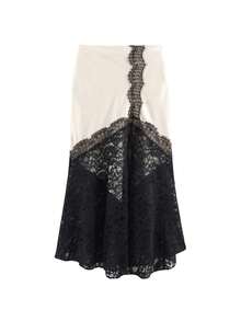 女士优雅缎面蕾丝拼接高腰开衩半身裙 - 黑和白 - 查看 2