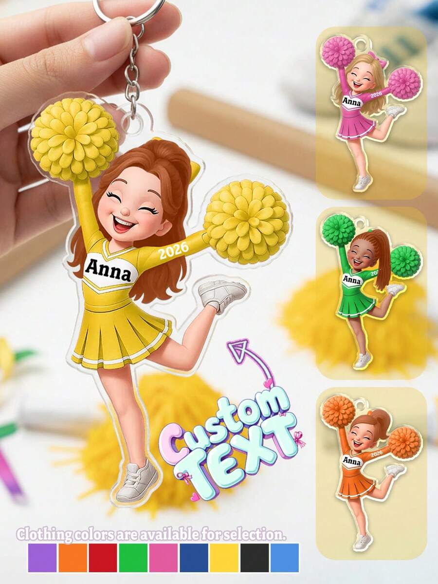 Personalized Acrylic Cheerleader Keychain, Customizable With Name, Year, Outfit Color, Cute Cartoon Cheerleader Design, School Spirit Memorial Gift, Keychain, Wallet, Backpack Pendant Decoration, Cheer Team Gift, Friend Gift, School Spirit Gift, Graduation Gift - Multicolor - View 1