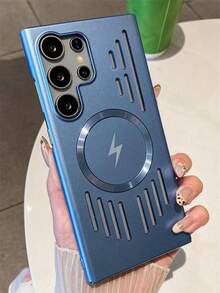 Alloy Luxury Magnetic Style New Hollowed Breathable Heat-Dissipating Lightning Pattern Magnetic Wireless Charging Phone Case Compatible With Samsung Galaxy S26Ultra S25Ultra S24Ultra S23Ultra S22Ultra S26 S25 S24 Plus Full Cover Metal Paint Skin Feel Matte Protective Back Cover Spring Gift Party - Blue - View 3