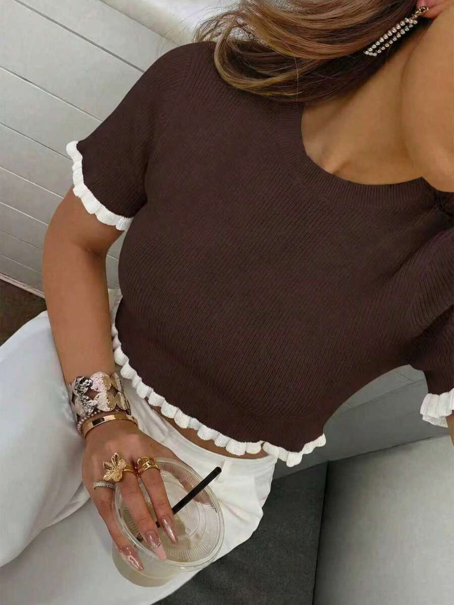 Women's Elegant Holiday/Graduation Knit Top, Casual Short Sleeve Cream Yellow Ruffle Hem Knit Pullover Sweater, Summer - Brown - View 1