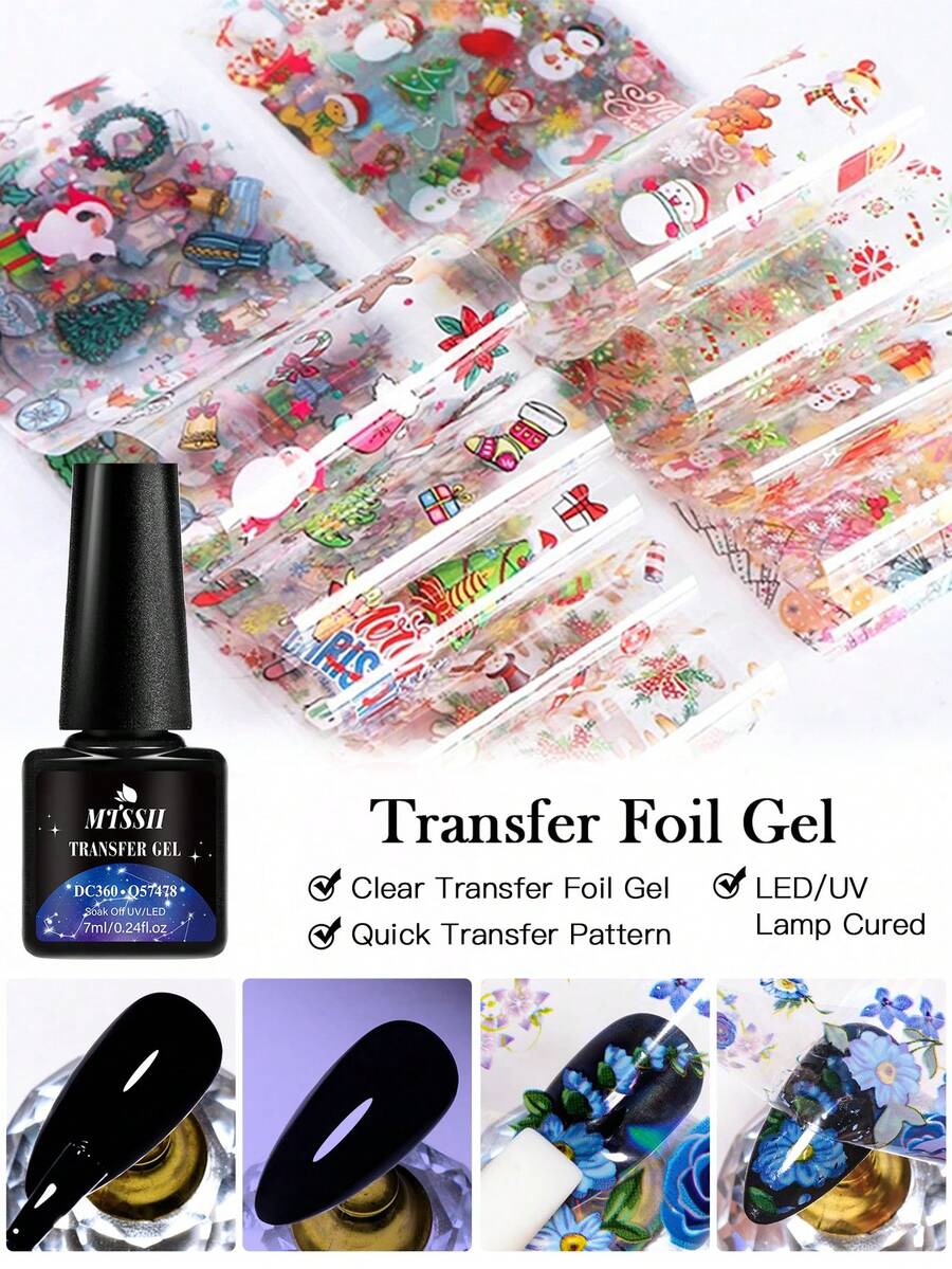 Mtssii 7ML Transfer Foil Gel Nail Polish, UV/LED Cured Clear Transfer Gel, For Nail Art Foil Stickers & Decals, Quick Transfer Pattern, Long Lasting, Salon Quality, Easy To Use For Home DIY Manicure & Nail Art LED Lamp Required - Clear - View 1