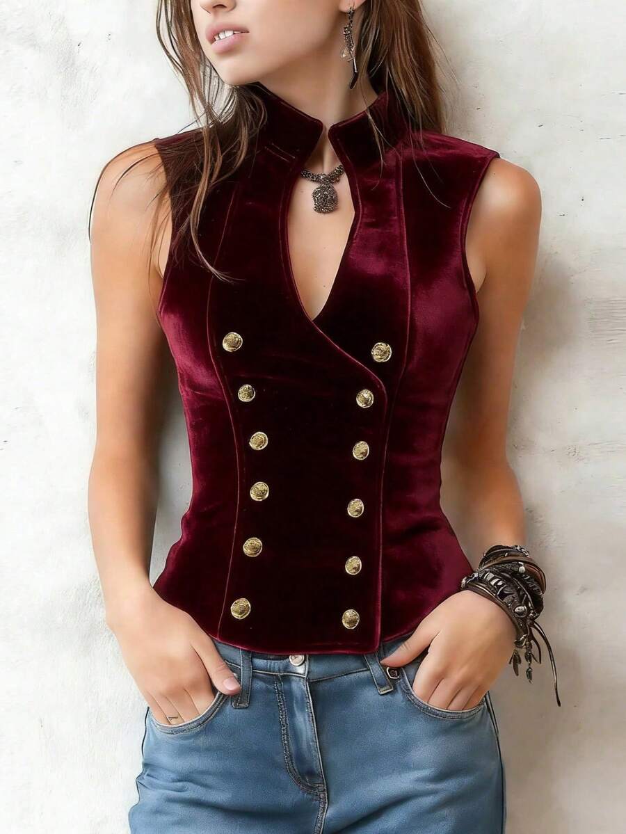 Áo vest kiểu dáng cổ điển màu xanh hải quân - Thiết kế hai hàng cúc, được làm từ chất liệu nhung mềm mại và thoải mái, lý tưởng cho trang phục thường ngày, phong cách mùa xuân.