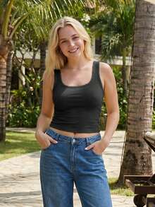 Women Ribbed Tank Tops Slim Fit Solid Color Scoop Neck Crop Sleeveless Shirts For Summer Going Out - Black - View 5