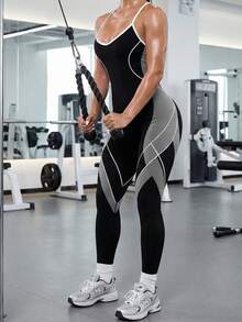 拼色修身連身褲，運動風，秋季運動服，健身房運動、瑜珈、皮拉提斯、健身、休閒運動黑色 - 黑色 - 查看 5