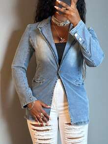 Women Long Sleeve Waist Tucked Tighten Denim Jacket Top Fashion Solid Color Denim Suit Jacket Button Pocket Denim Suit Jacket - Rửa nhẹ - Xem 5