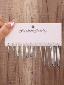 12 Pcs Silver Women's Earrings Set – Elegant Faux Pearl Hoops For Daily Wear, Office Chic & Special Occasions - Bạc - Xem 3