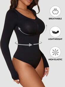 Women's Solid Color Ribbed Long Sleeve Shapewear Bodysuit - Black - View 3