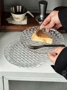 1pc Creative High-End Woven Texture Glass Round Plate, Elegant Transparent Breakfast/Fruit/Dessert Serving Tray - Clear - View 8
