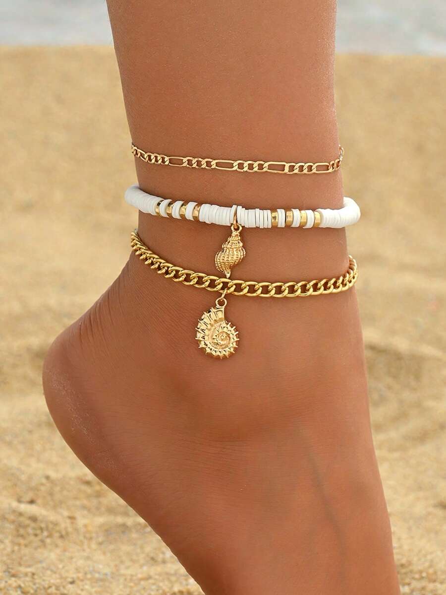 3pcs/Set Minimalist Ceramic Beaded Anklet, Fashion Metal Seashell Pendant Foot Jewelry Set, Suitable For Daily Wear And Beach Vacation - Multicolor - View 1