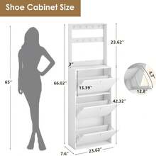 TYBOATLE Shoe Storage Cabinet With 3 Flip Drawers, Narrow Shoe Cabinet With 9 Hooks Coat Rack, Freestanding Slim Shoe Storage Organizer For Entryway, Hallway, Entrance, Bedroom, Living Room, White - 白色 - 查看 2
