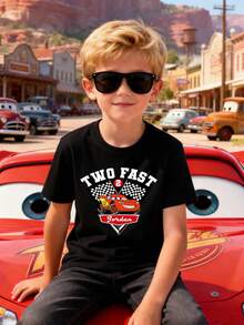 Disney Boys' T-Shirt Featuring A Creative Cartoon Print Of Lightning McQueen From Cars. Made From Soft, Comfortable, And Breathable Fabric, It's Perfect For Everyday Wear, Outings, And Activities-Making It An Ideal Gift For Kids. - 黑色 - 查看 2