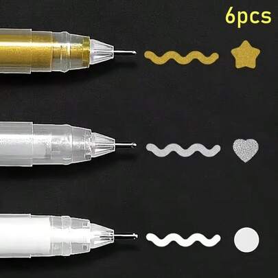 6-Pack White, Gold, And Silver Gel Pens, Fine Tip, High Capacity, For Sketching, Drawing, Marking, Artist Supplies, Writing, Journaling, And Card Making | Elegant Pen Design | Smooth Writing