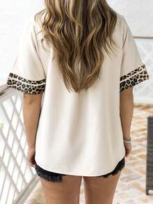 Acelitt Women's Casual Apricot Leopard Print Patchwork V-Neck Short Sleeve Loose Blouse, Spring/Autumn Summer - Beige - View 2