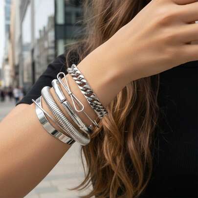 5pcs/Set Fashionable Casual Zinc Alloy Metal Figaro Chain Geometric Bow Bracelet Set, Suitable For Daily Wear, Jewelry Gift For Friends