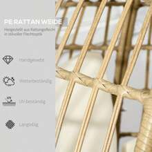 Rattan Armchair, Basket Shape With Seat Cushion, Raised Garden Chair For Balcony Or Terrace, Metal, Khaki, 105 X 97 X 150 Cm - 白色 - 查看 4