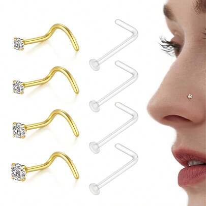 8 piezas de 20G Anillos de nariz transparentes | Retén de nariz de plástico bioflex con forma de S y CZ para uso diario y ocasiones de regalo