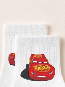 Disney 1/5双装迪士尼汽车卡通图案儿童中筒袜，黑白条纹，可爱迪士尼设计，时尚休闲透气学生袜，适合日常穿着、返校季、节日礼物 - 彩色 - 查看 6