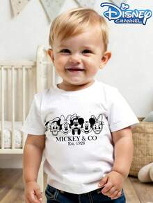 This Casual, Simple, Round-Neck Short-Sleeved T-Shirt Features Disney's Mickey And Minnie Mouse And Their Friends, And Is Designed For Both Baby Boys And Girls, Making It An Ideal Choice For Summer Wear. - 白色 - 查看 2