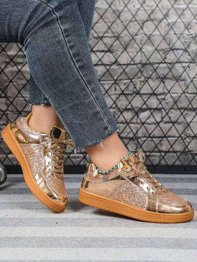 Spring And Autumn Sports Women's Shoes, New Niche Versatile Cool Street-Style Simple And Comfortable Casual Fashion Sneakers, Wide-Fit, Elegant Rose Gold Glitter Leather, Valentine's Day Gift, Widened Design For Comfort